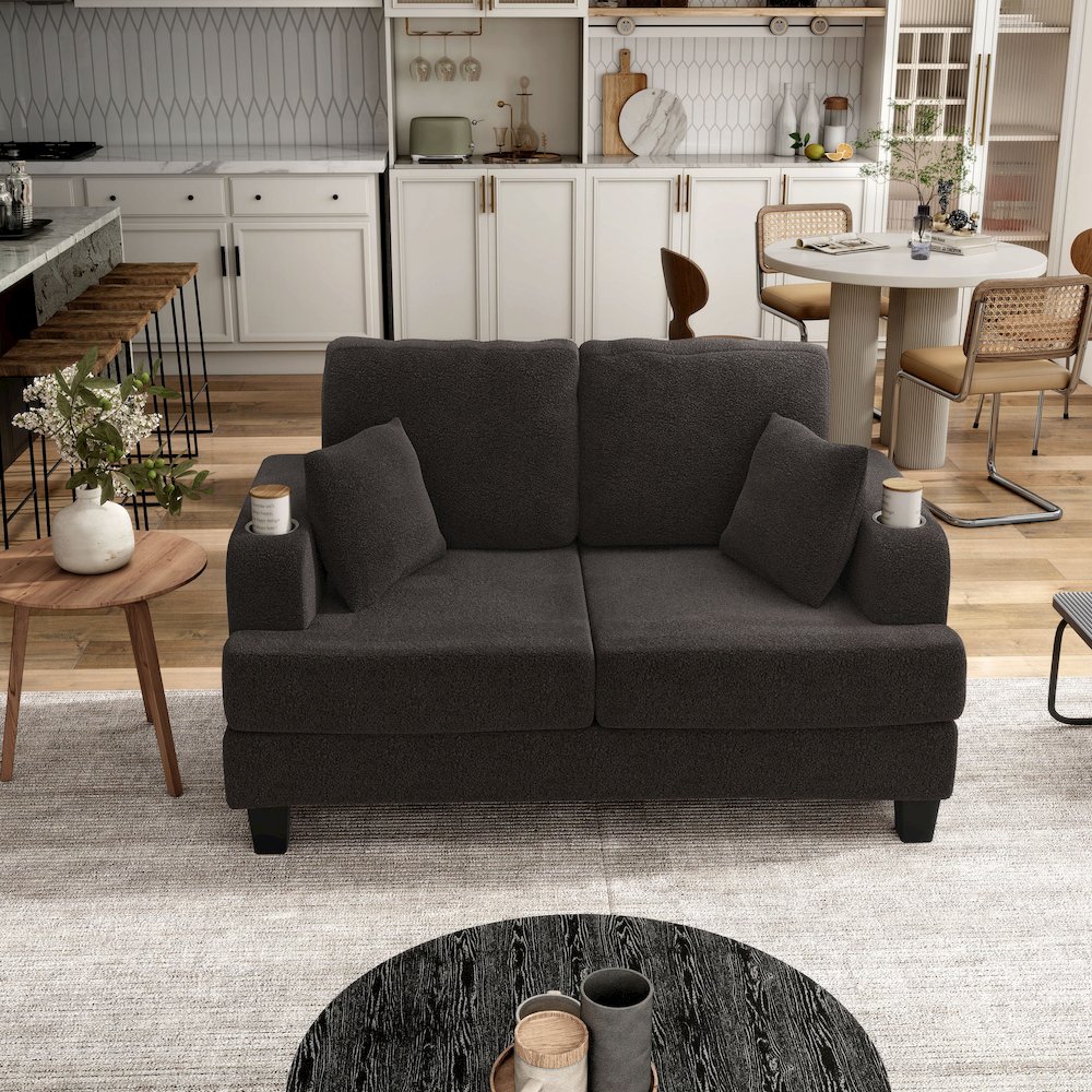 Reese Wood Frame Fabric Loveseat with Cup Holders, Grey. Picture 5