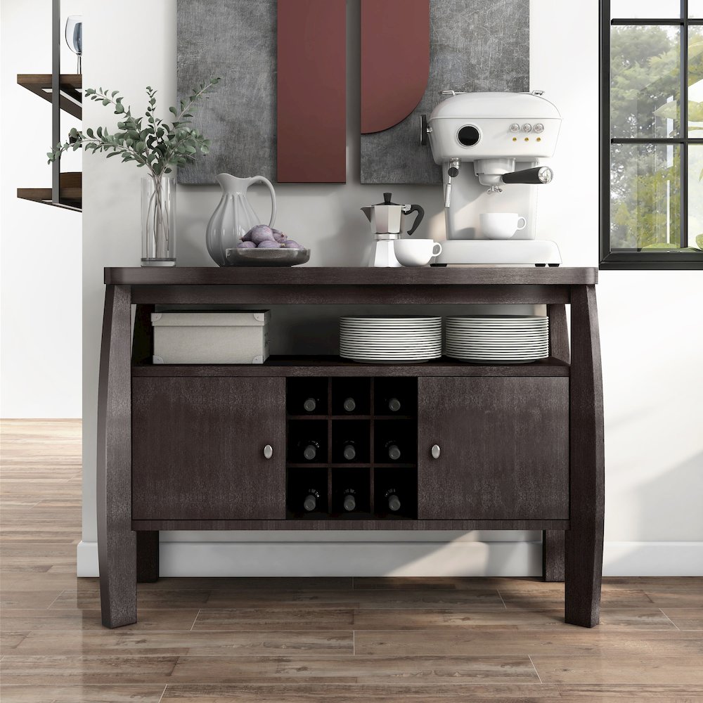 Mendota Wood Buffet Table with Wine Rack in Espresso. Picture 4