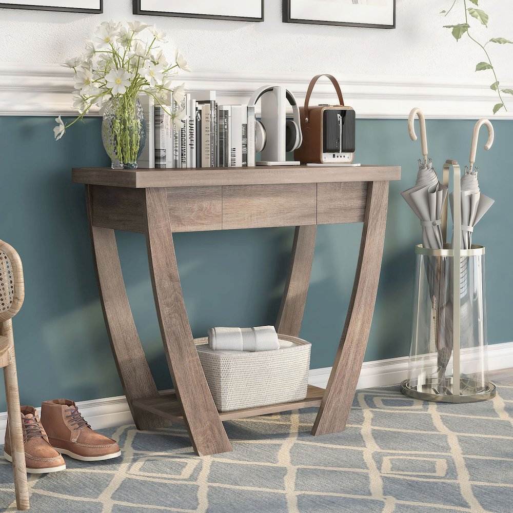 Quaint Modern Wood 1-Drawer Console Table in Light Oak. Picture 2