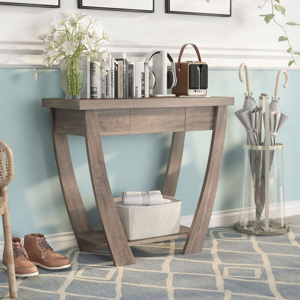 Quaint Modern Wood 1-Drawer Console Table in Light Oak. Picture 3