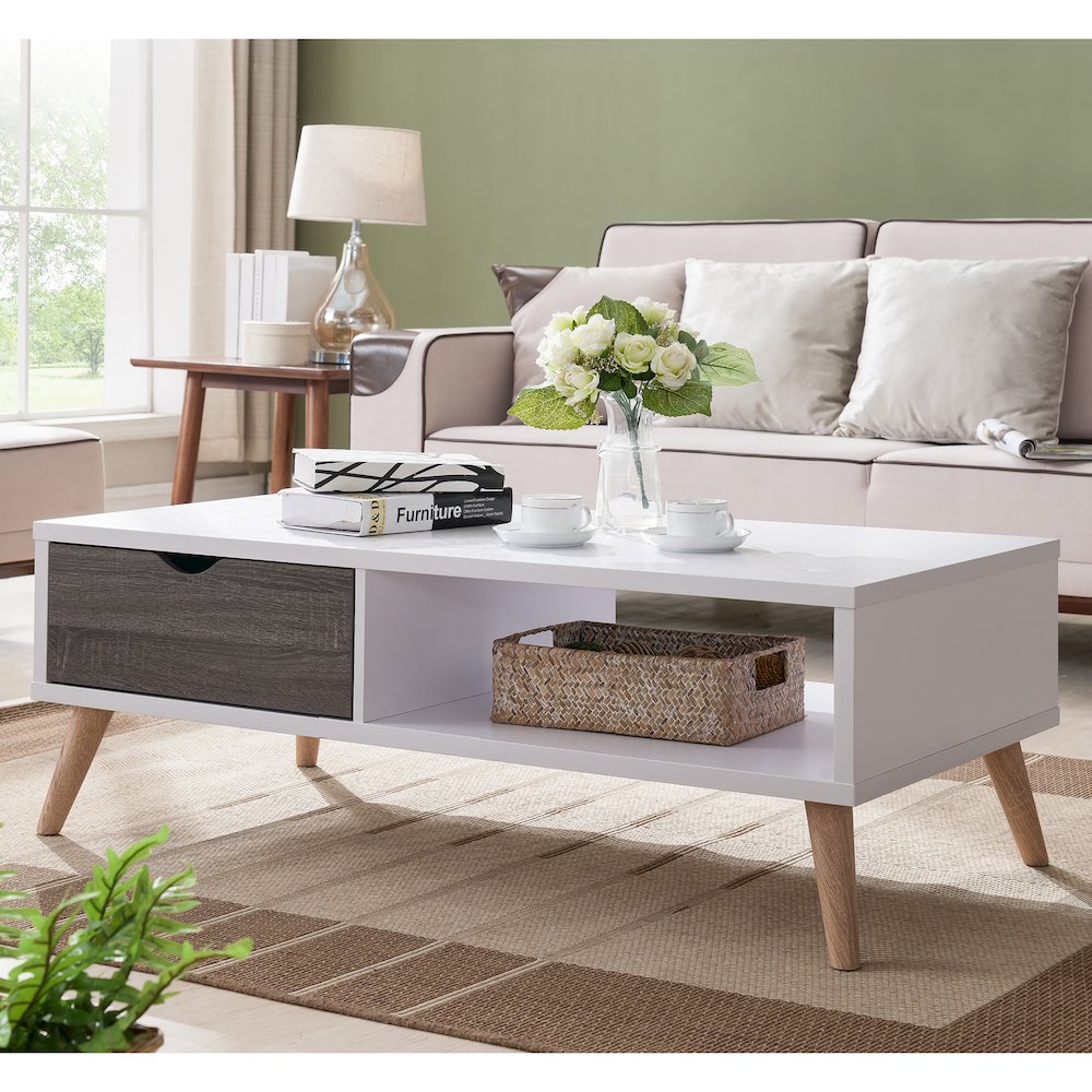 Paulson Wood 1-Drawer Coffee Table in White and Dark Gray. Picture 4