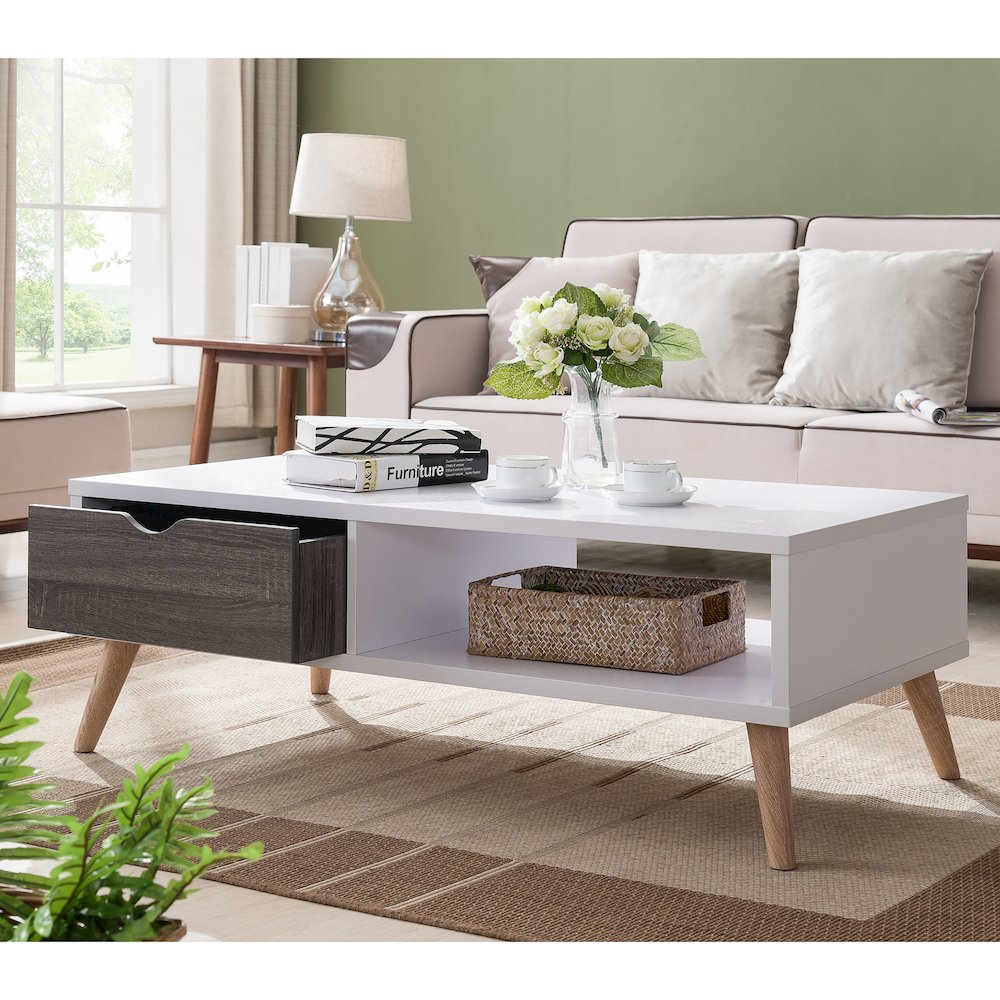Paulson Wood 1-Drawer Coffee Table in White and Dark Gray. Picture 5