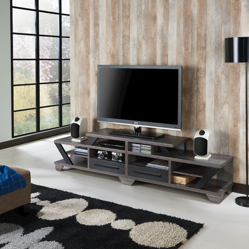 Dixon Rustic Wood 82-Inch TV Stand in Distressed Gray. Picture 4