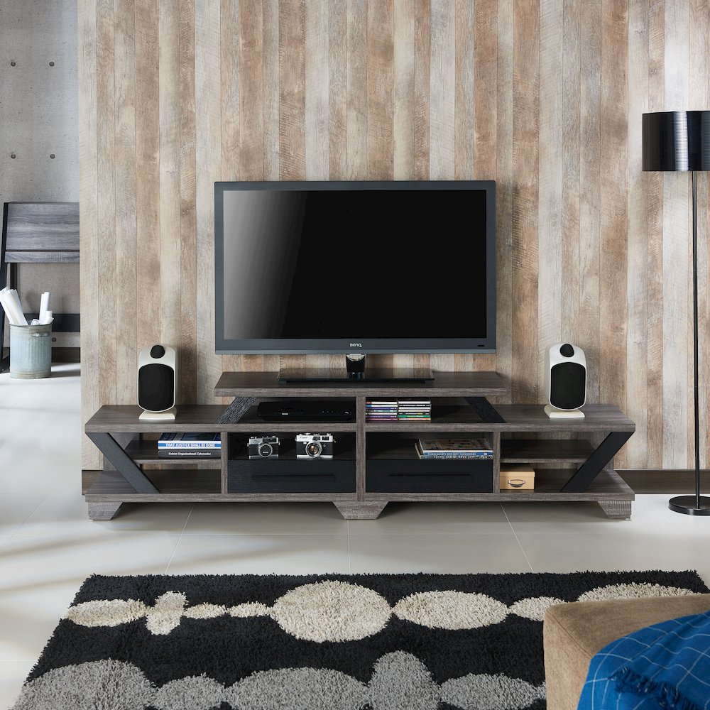 Dixon Rustic Wood 82-Inch TV Stand in Distressed Gray. Picture 5