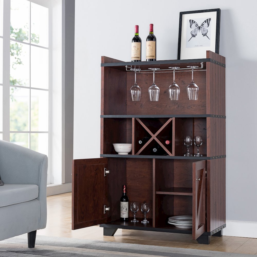 Glamdon Farmhouse Wood 4-Bottle Wine Rack in Vintage Walnut. Picture 3