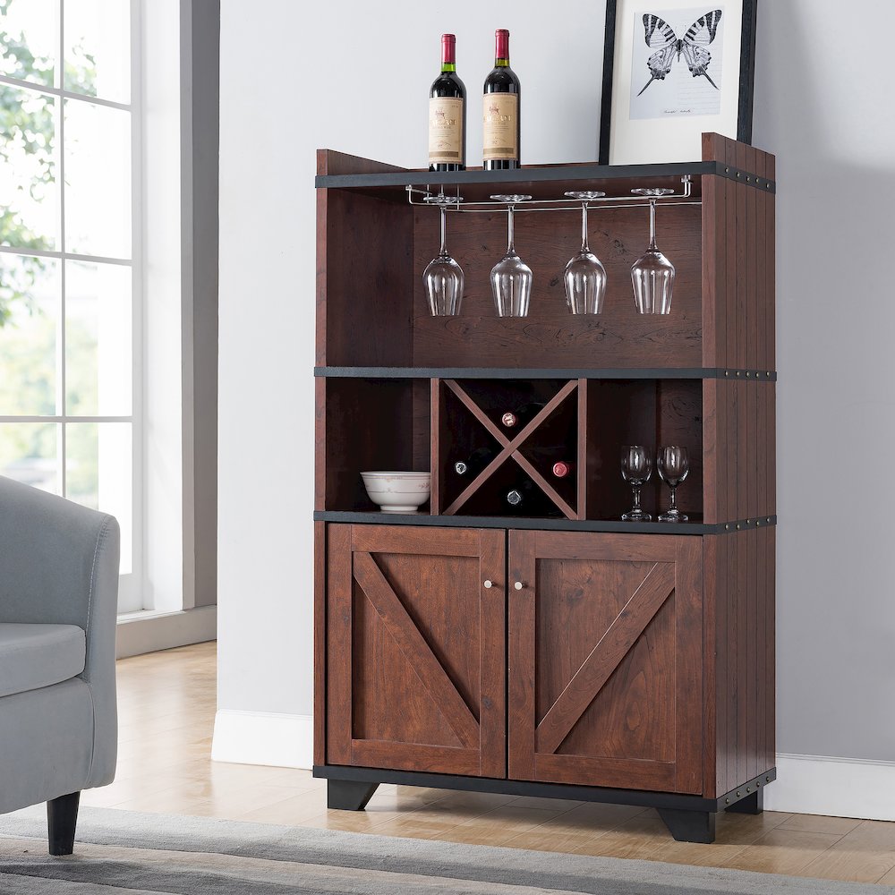 Glamdon Farmhouse Wood 4-Bottle Wine Rack in Vintage Walnut. Picture 4