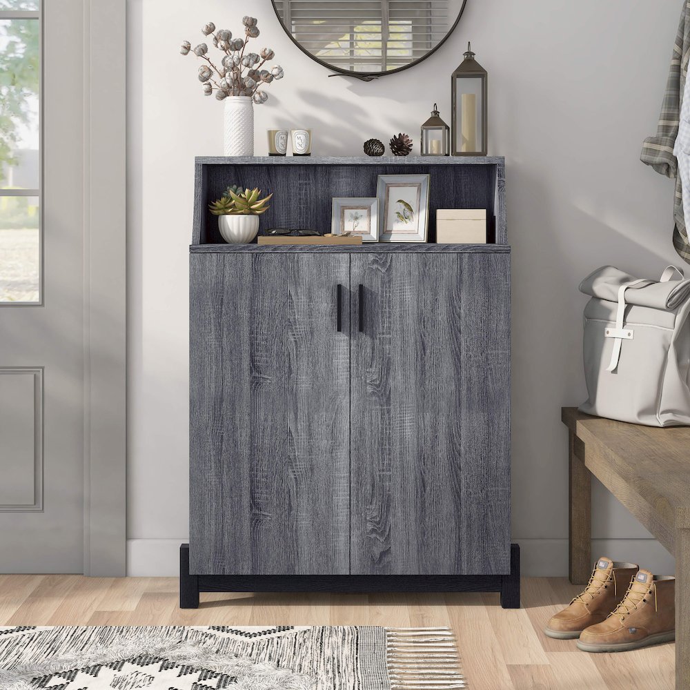 Liguari Wood 5-Shelf Shoe Cabinet in Distressed Gray. Picture 4