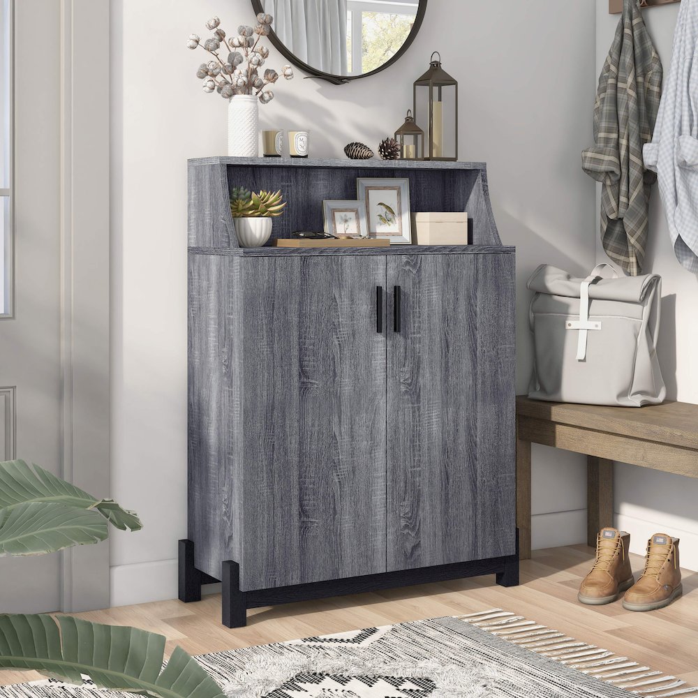 Liguari Wood 5-Shelf Shoe Cabinet in Distressed Gray. Picture 5
