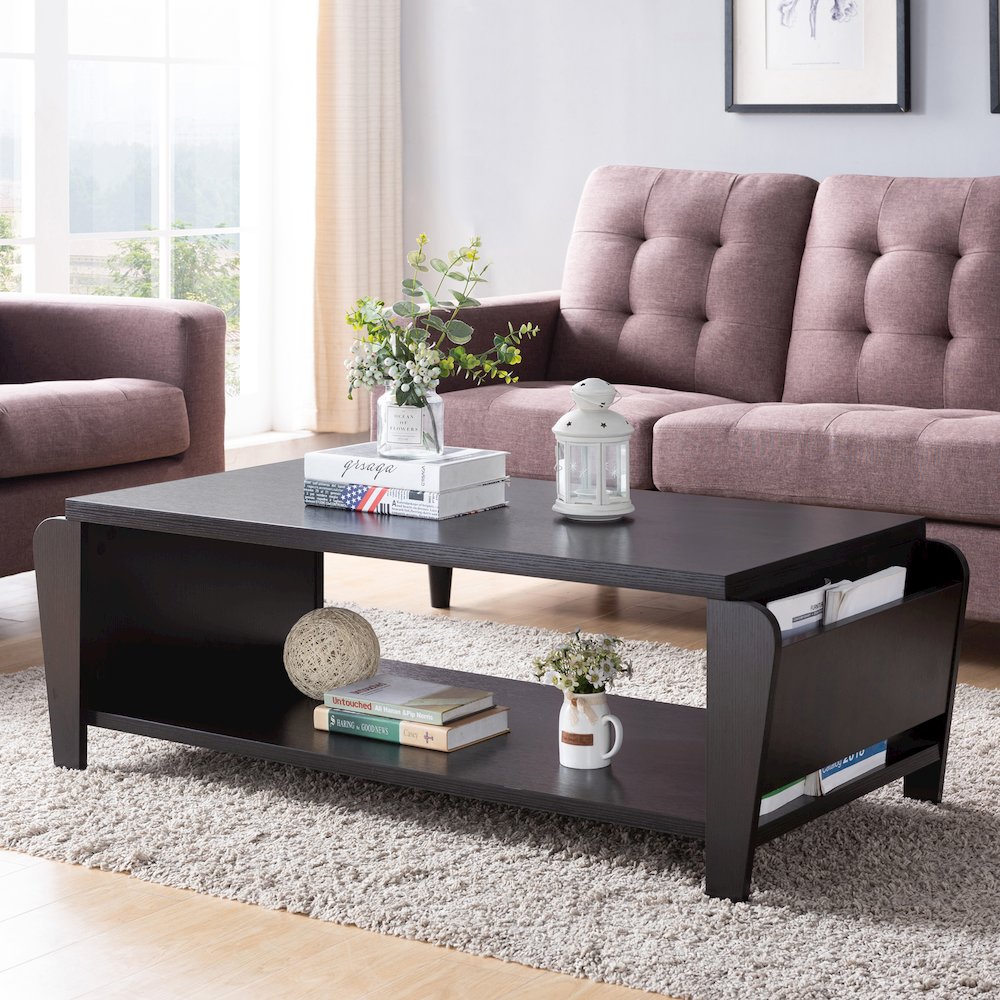 Allium Wood Coffee Table with Magazine Rack in Cappuccino. Picture 4