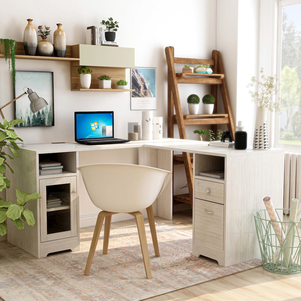 Helmer Wood L-Shaped Writing Desk with USB in White. Picture 4