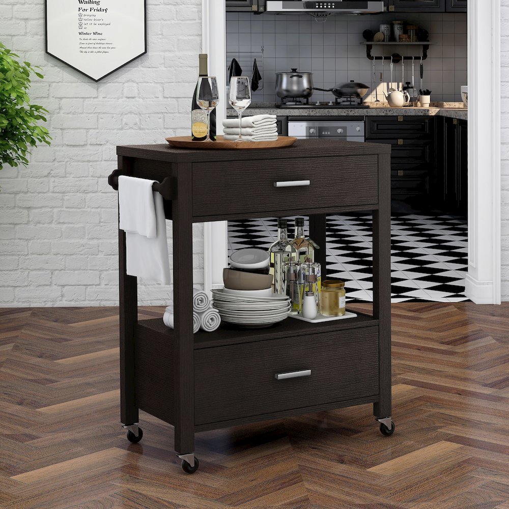 Arton Contemporary Wood 2-Drawer Kitchen Cart in Cappuccino. Picture 4