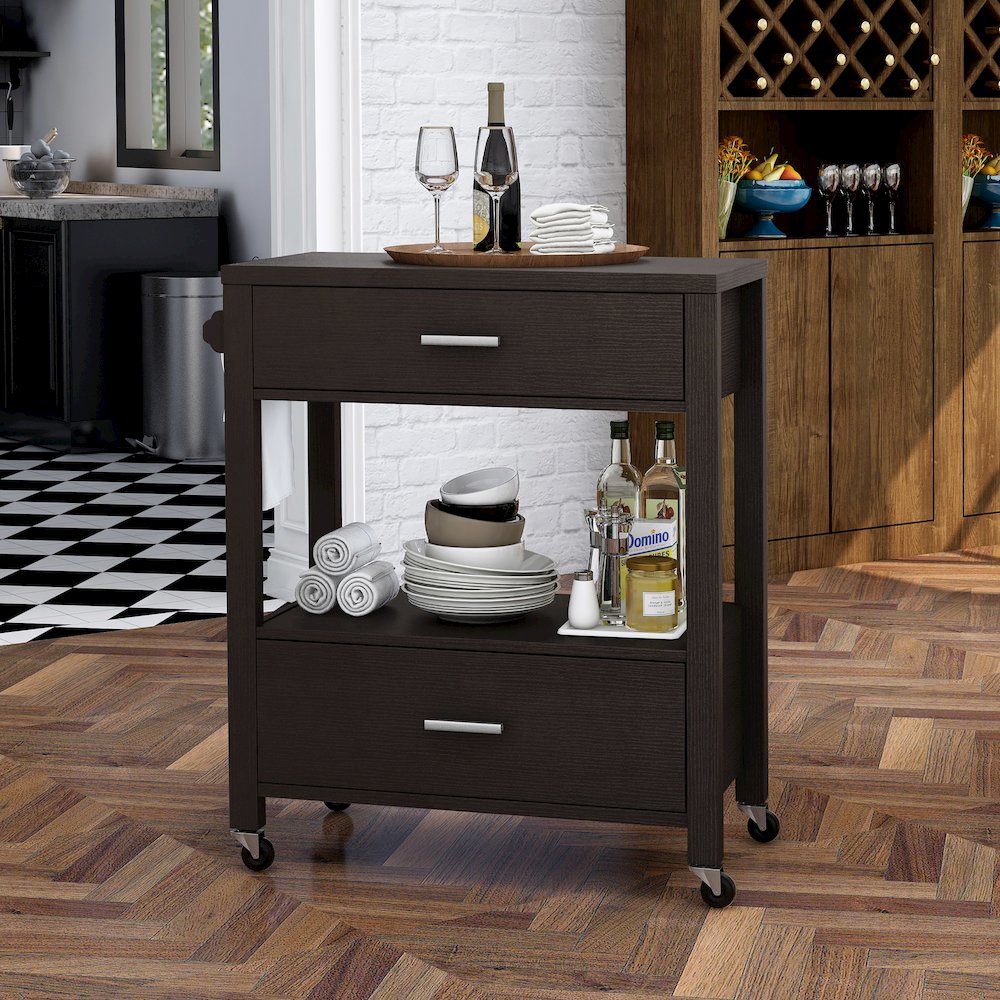 Arton Contemporary Wood 2-Drawer Kitchen Cart in Cappuccino. Picture 5