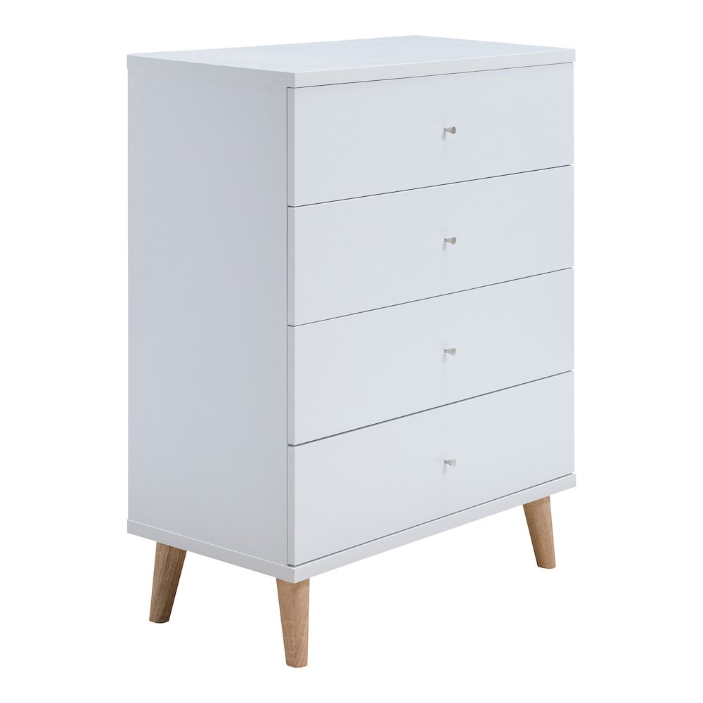 Pives Mid-Century Modern Wood 4-Drawer Chest in White. Picture 1