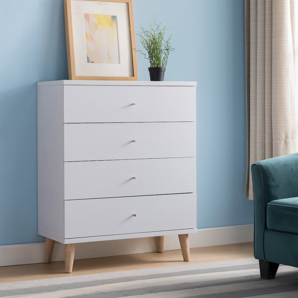 Pives Mid-Century Modern Wood 4-Drawer Chest in White. Picture 5