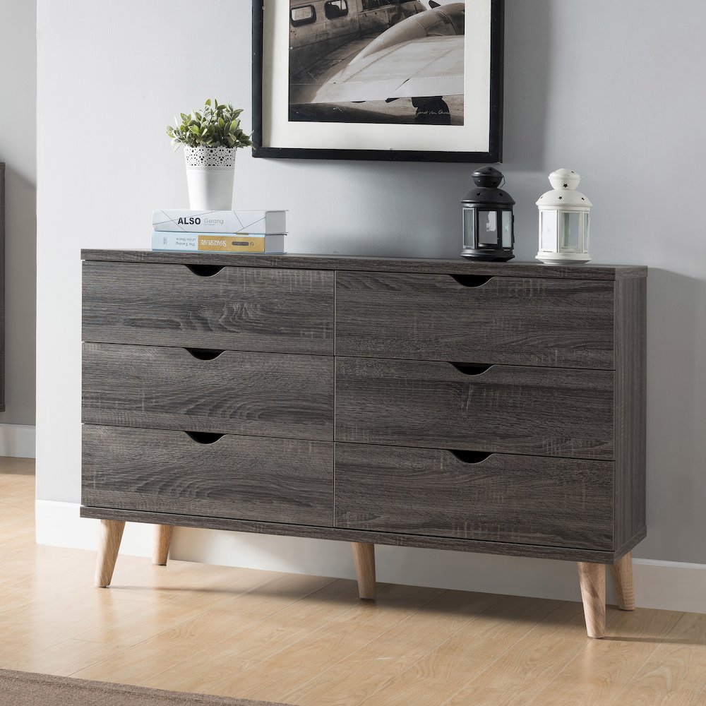 Orden Wood 6-Drawer Dresser for Bedroom in Dark Gray. Picture 4
