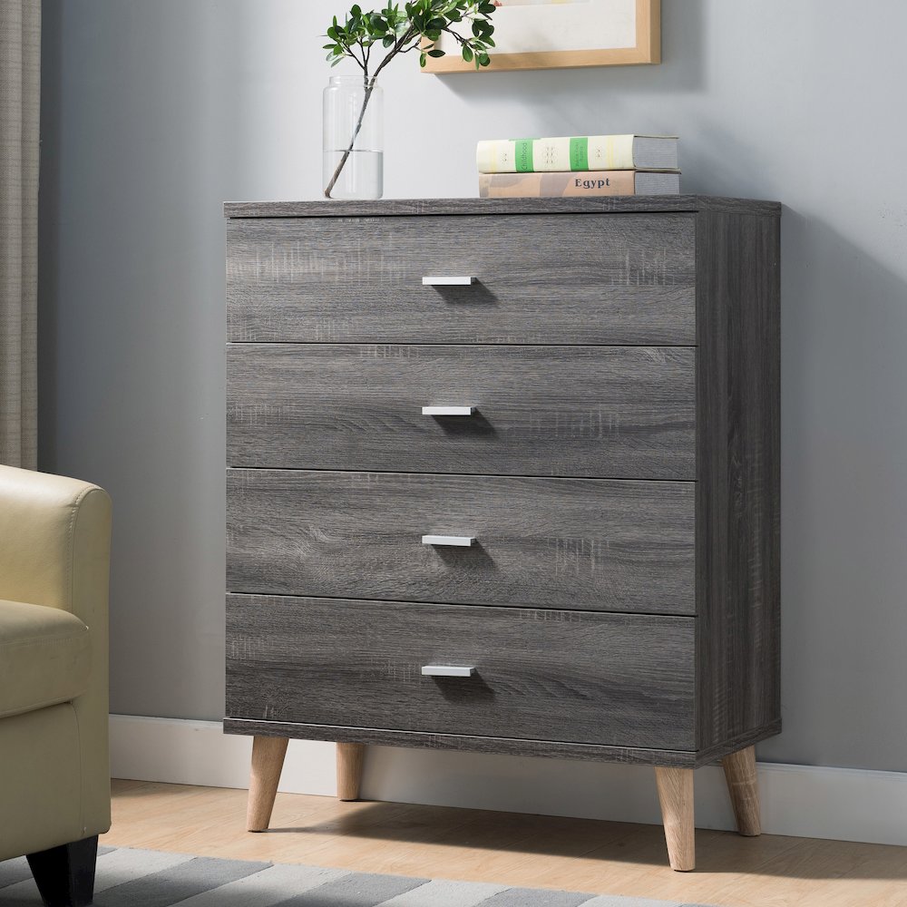 Pives Mid-Century Modern Wood 4-Drawer Chest in Dark Gray. Picture 4