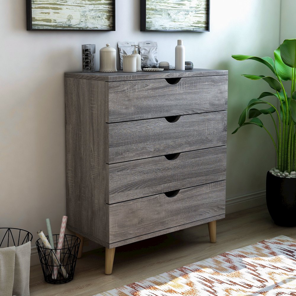 Pives Mid-Century Modern Wood 4-Drawer Chest in Dark Gray. Picture 4