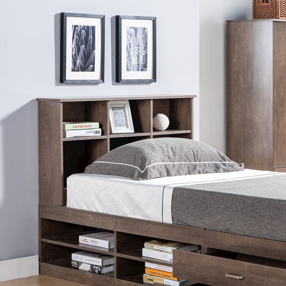 Uster 6-Shelf Wood Twin Bookcase Headboard, Walnut Oak. Picture 3