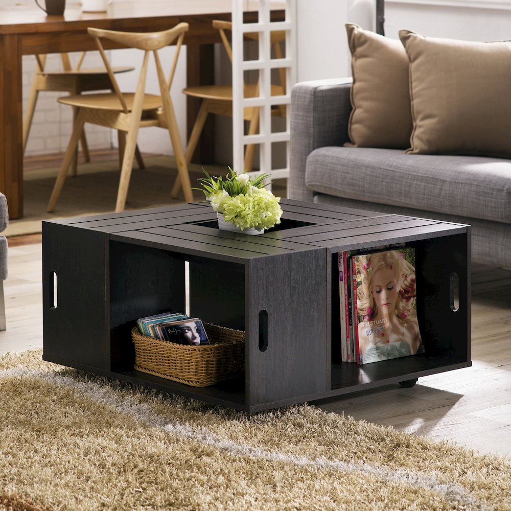 Conteery Wood Coffee Table with Casters in Espresso. Picture 3