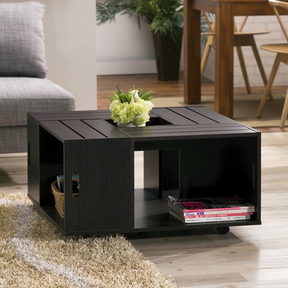 Conteery Wood Coffee Table with Casters in Espresso. Picture 4