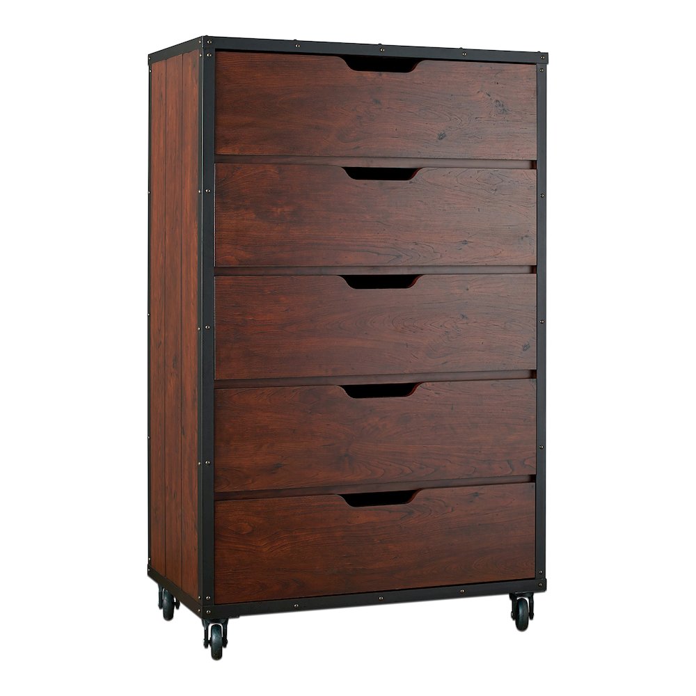 Chevy Wood 5-Drawer Chest with Casters in Vintage Walnut. Picture 1