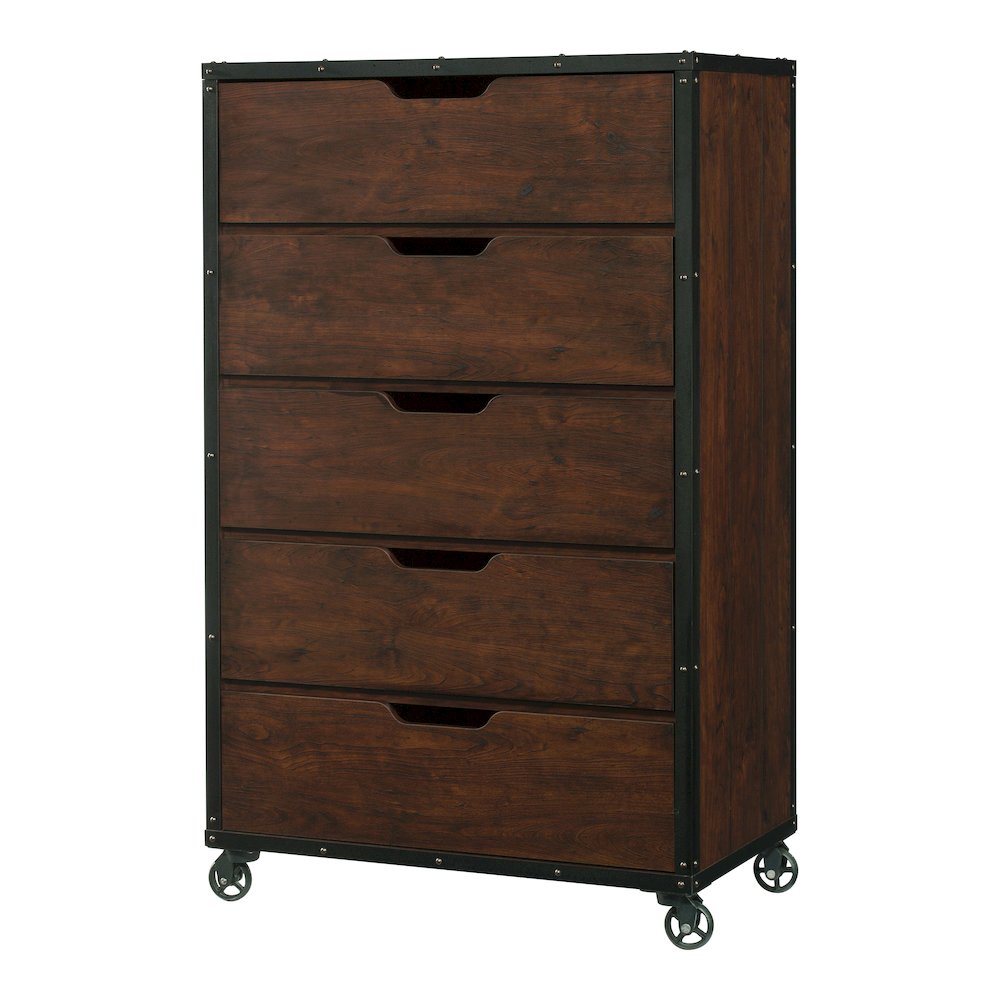 Chevy Wood 5-Drawer Chest with Casters in Vintage Walnut. Picture 2