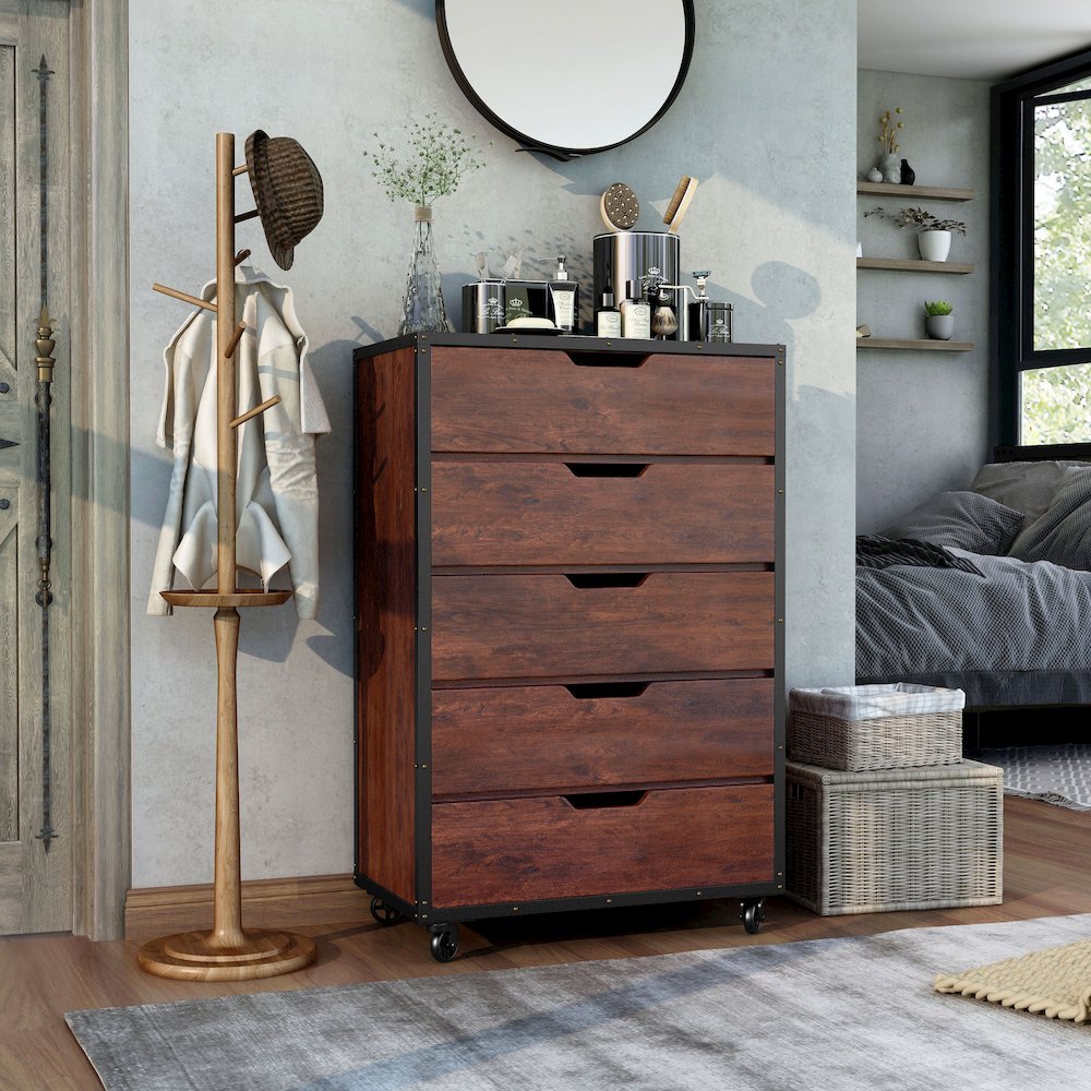 Chevy Wood 5-Drawer Chest with Casters in Vintage Walnut. Picture 3