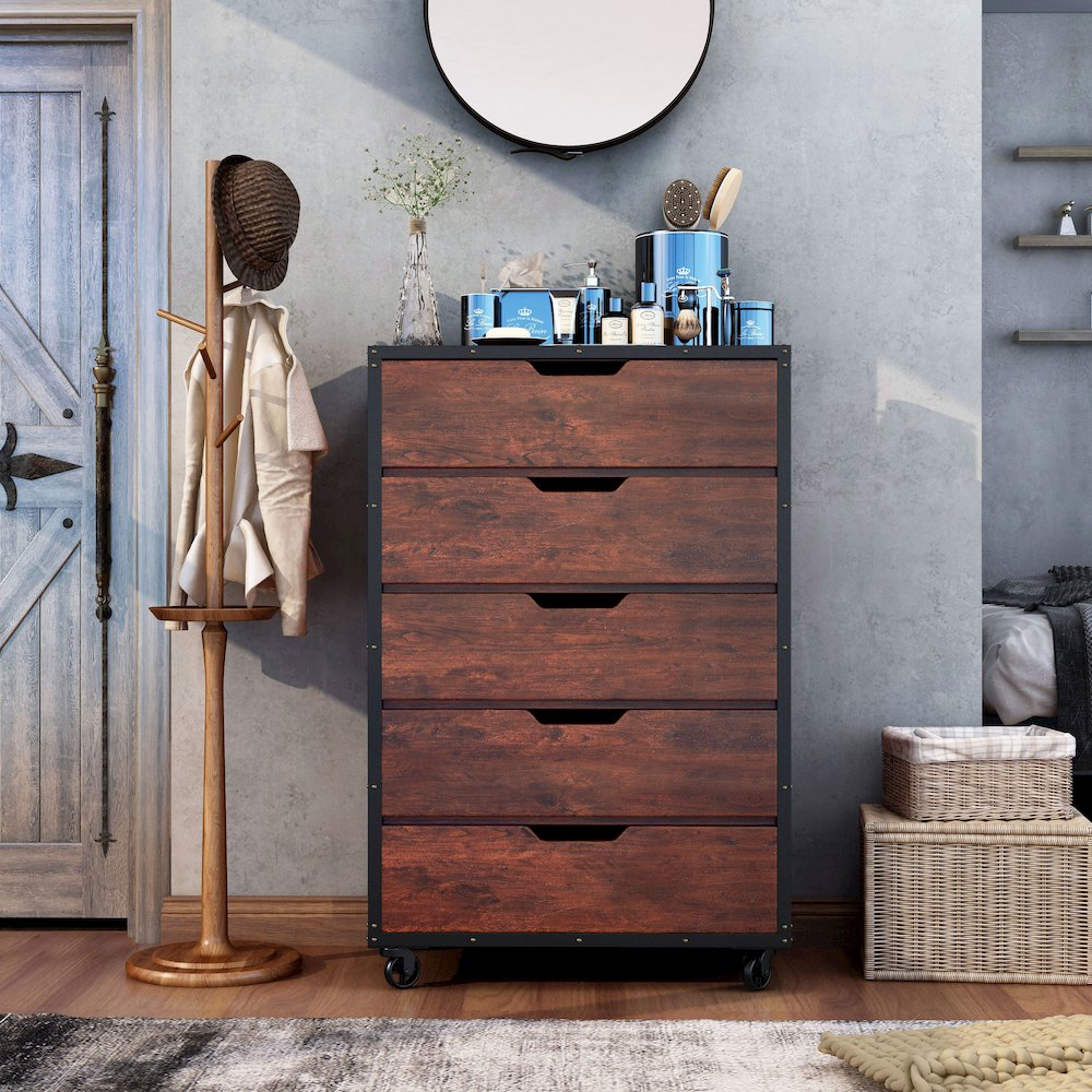 Chevy Wood 5-Drawer Chest with Casters in Vintage Walnut. Picture 4