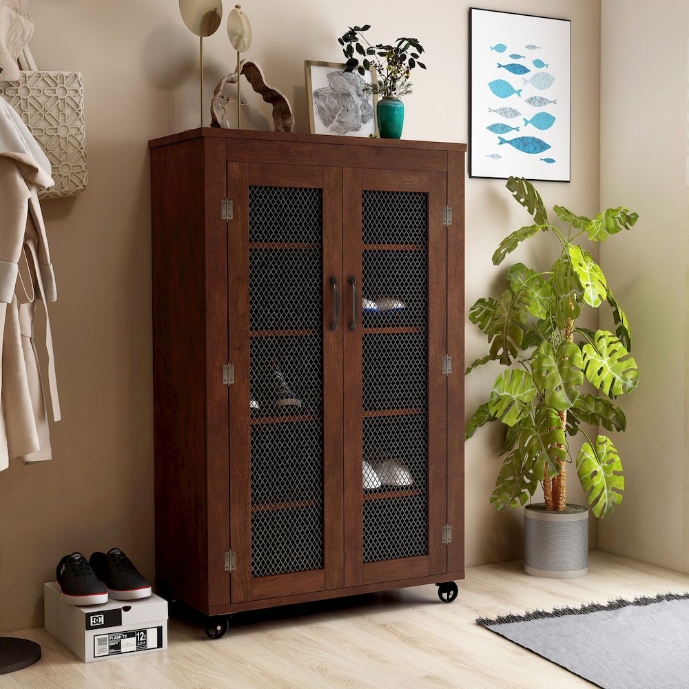 Alesia Wood Shoe Cabinet with Casters in Vintage Walnut. Picture 4