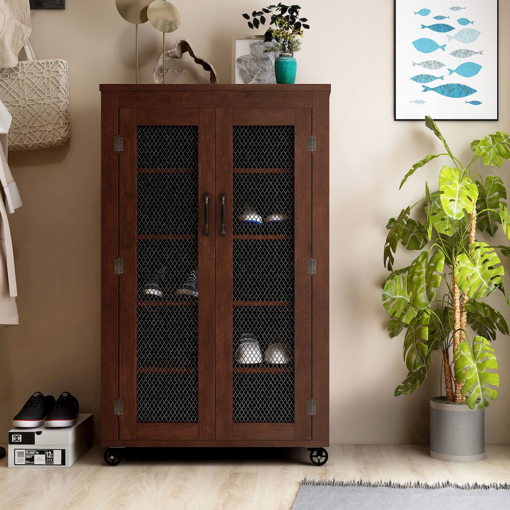Alesia Wood Shoe Cabinet with Casters in Vintage Walnut. Picture 5
