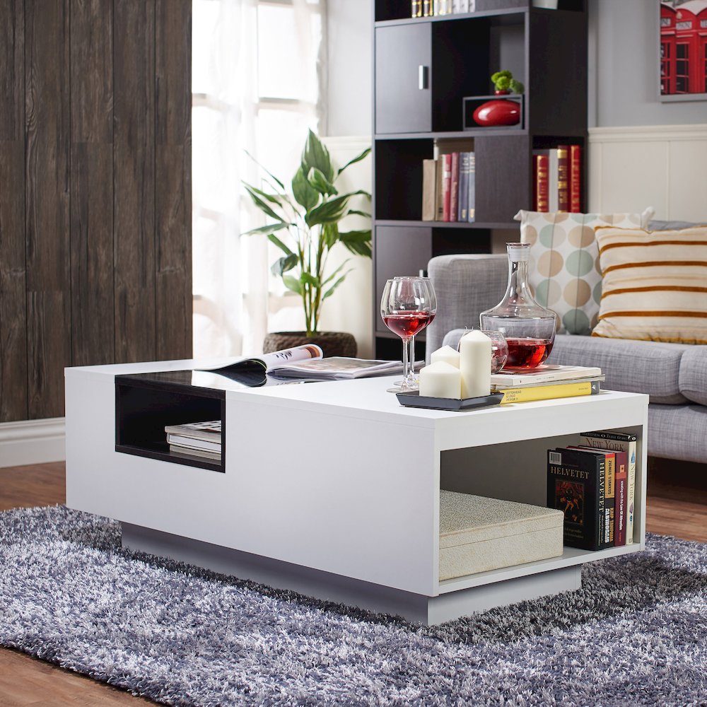 Sydney Modern Wood Storage Coffee Table in White and Black. Picture 4