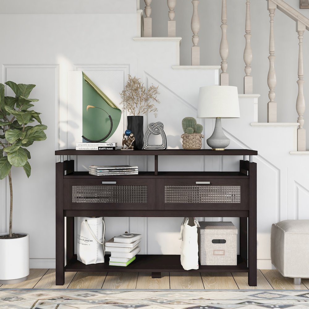 Tayler Contemporary Wood Storage Console Table in Espresso. Picture 4