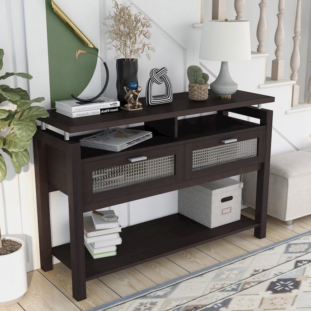 Tayler Contemporary Wood Storage Console Table in Espresso. Picture 5