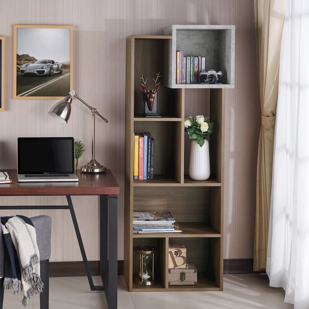 Mulle Contemporary 7-Shelf Geometric Bookcase, Honey Walnut. Picture 4