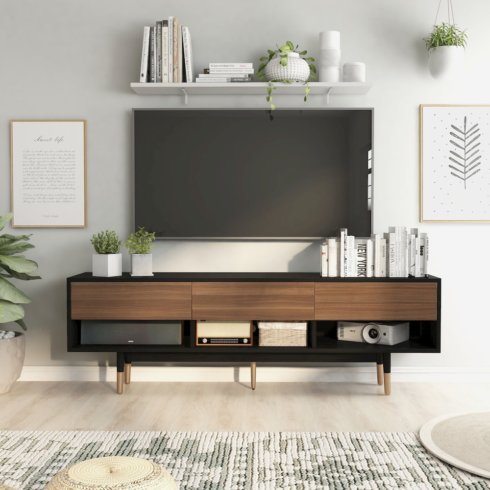 Zuna Mid-Century Modern Wood 3-Drawer TV Stand in Black. Picture 4