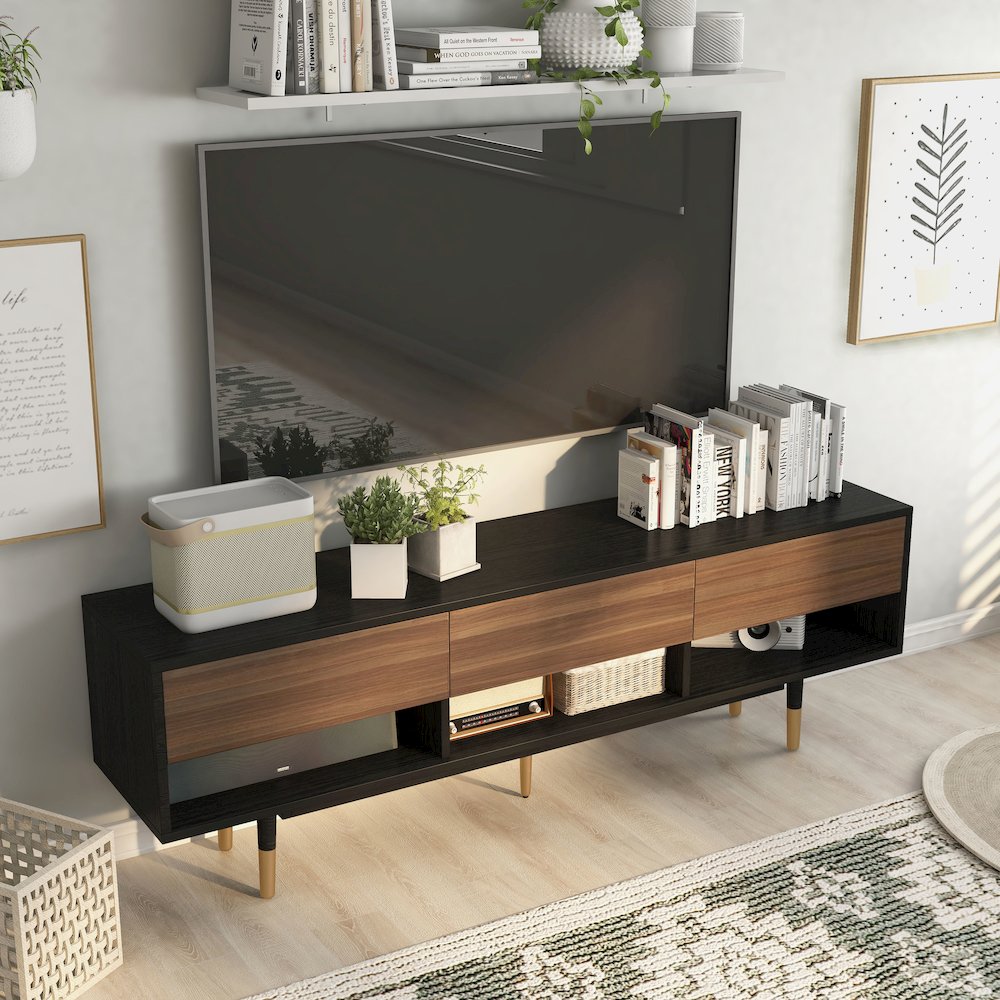 Zuna Mid-Century Modern Wood 3-Drawer TV Stand in Black. Picture 5