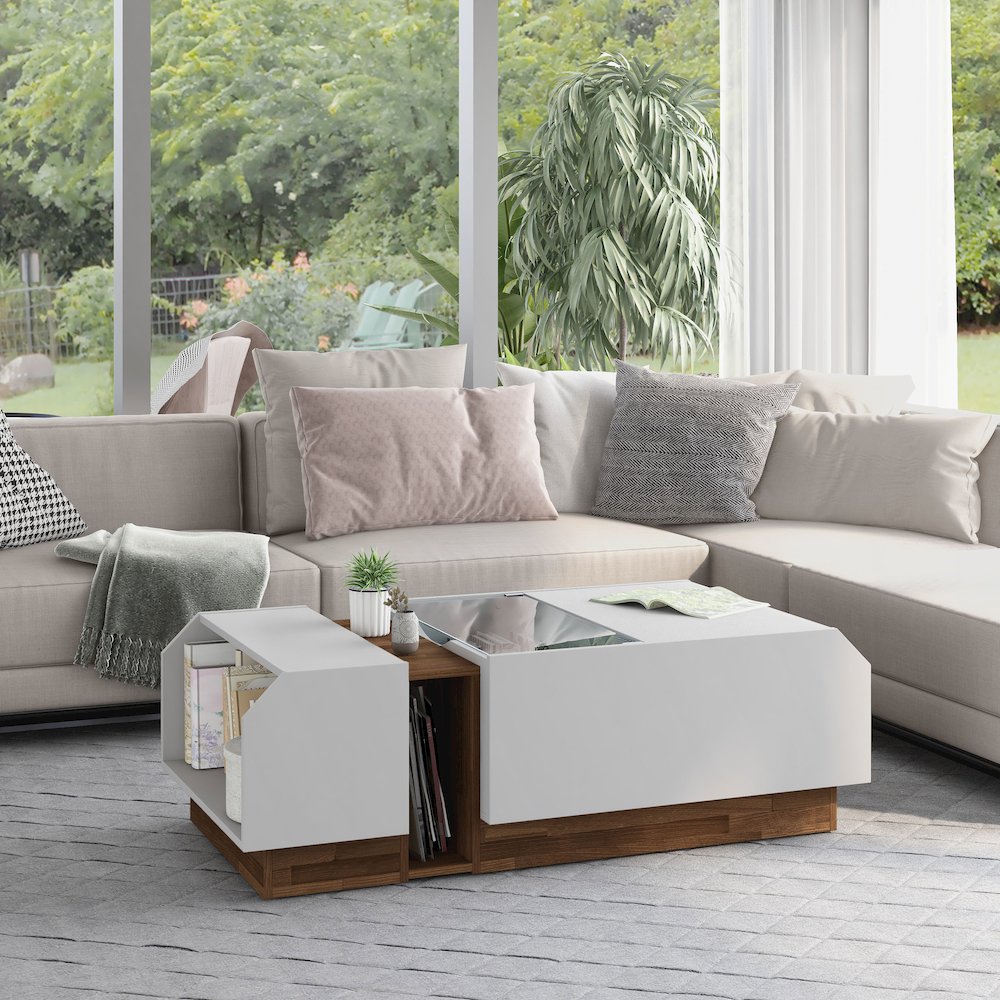 Plano Contemporary Wood Storage Coffee Table in White. Picture 4