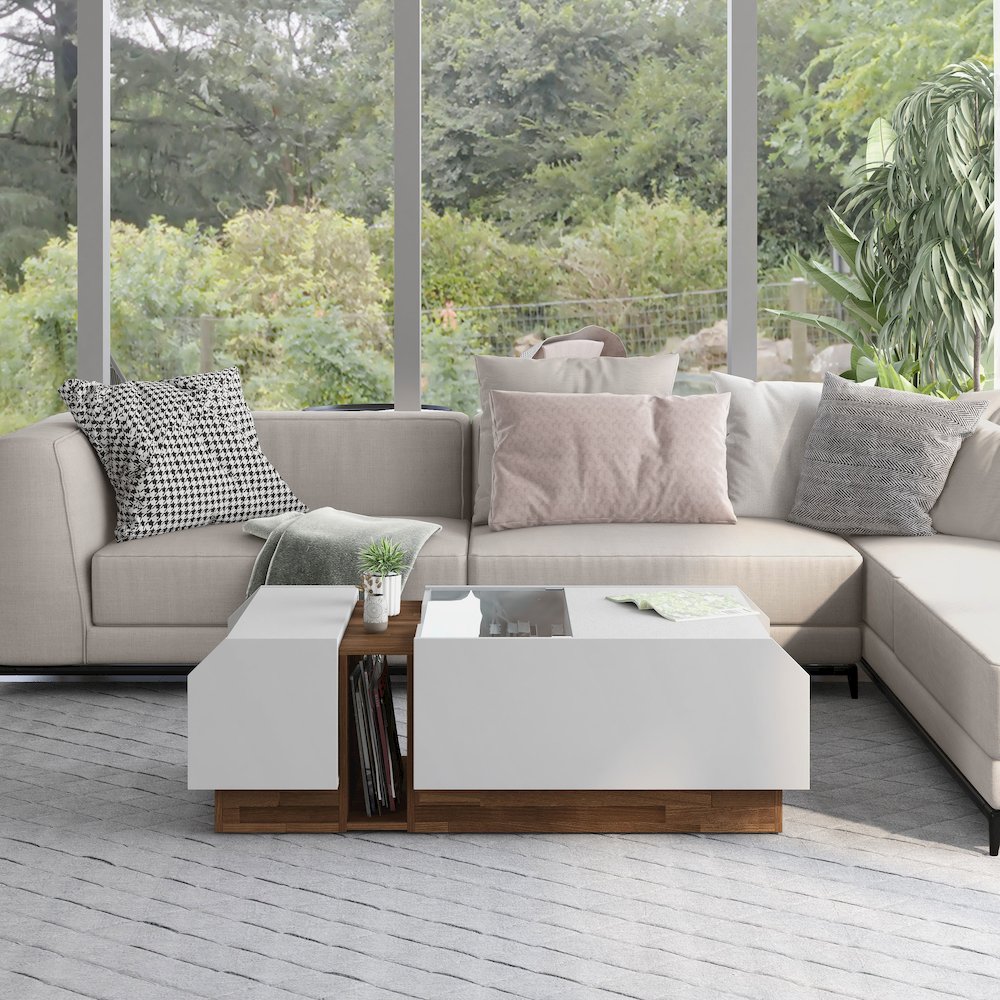Plano Contemporary Wood Storage Coffee Table in White. Picture 5
