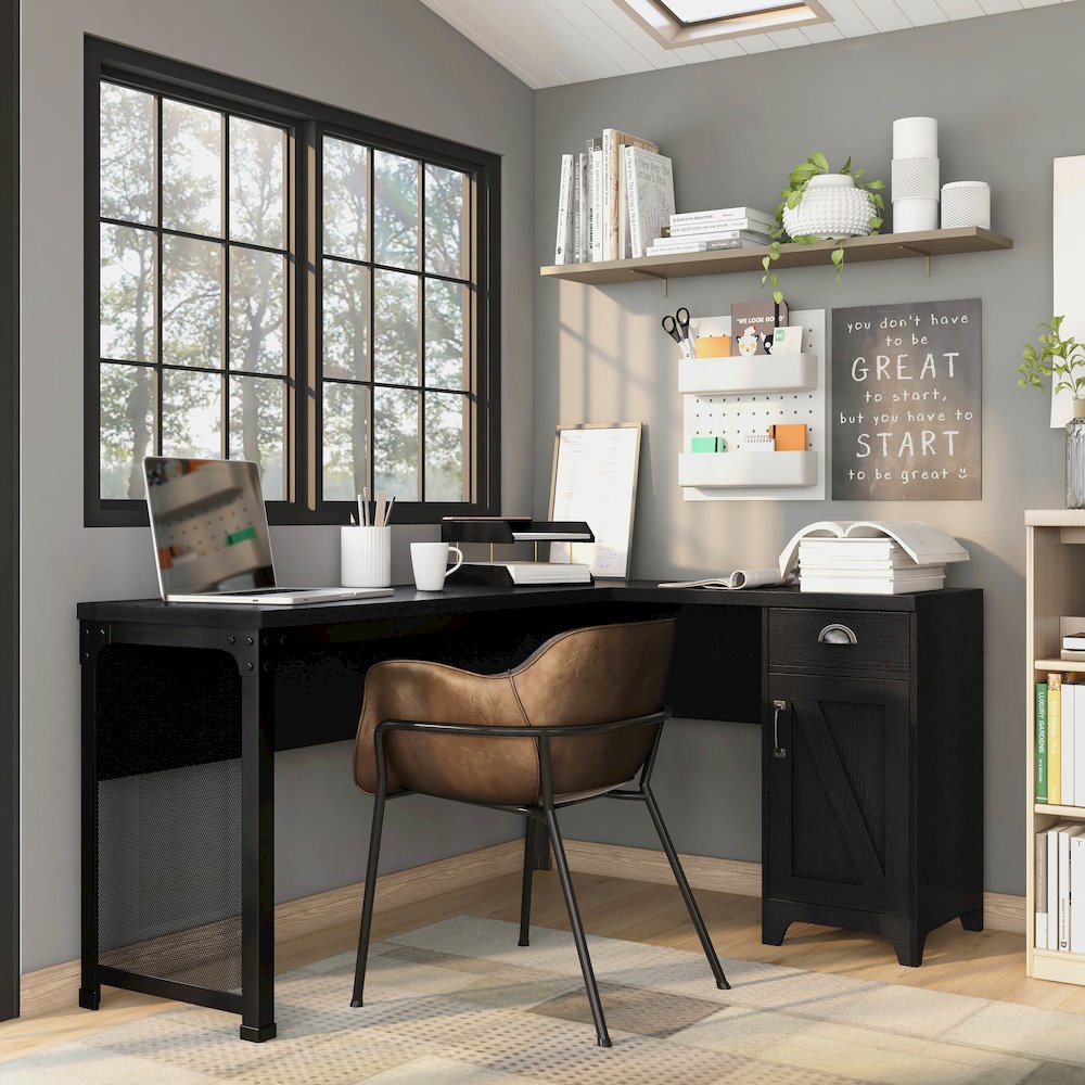 Elk 1-Drawer and 2-Shelf Wood L-Shaped Desk in Black. Picture 4