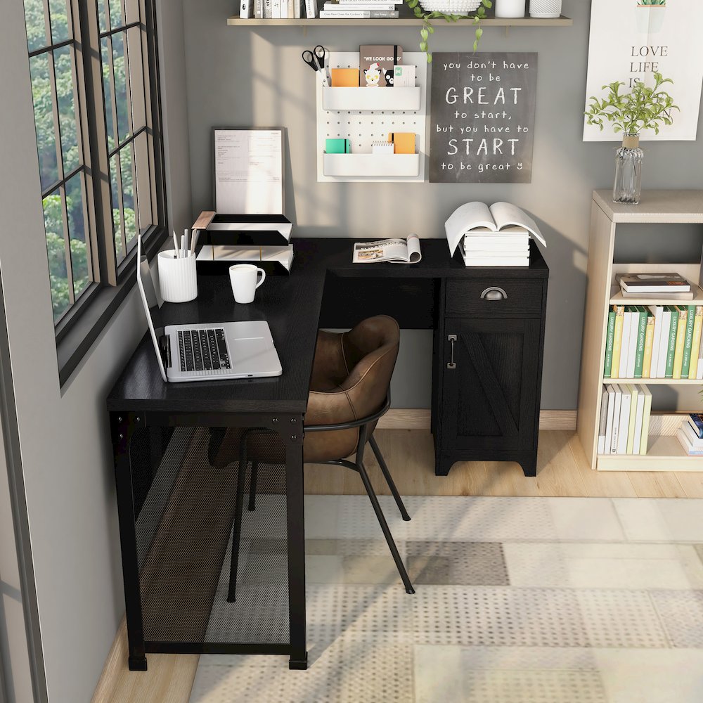 Elk 1-Drawer and 2-Shelf Wood L-Shaped Desk in Black. Picture 5