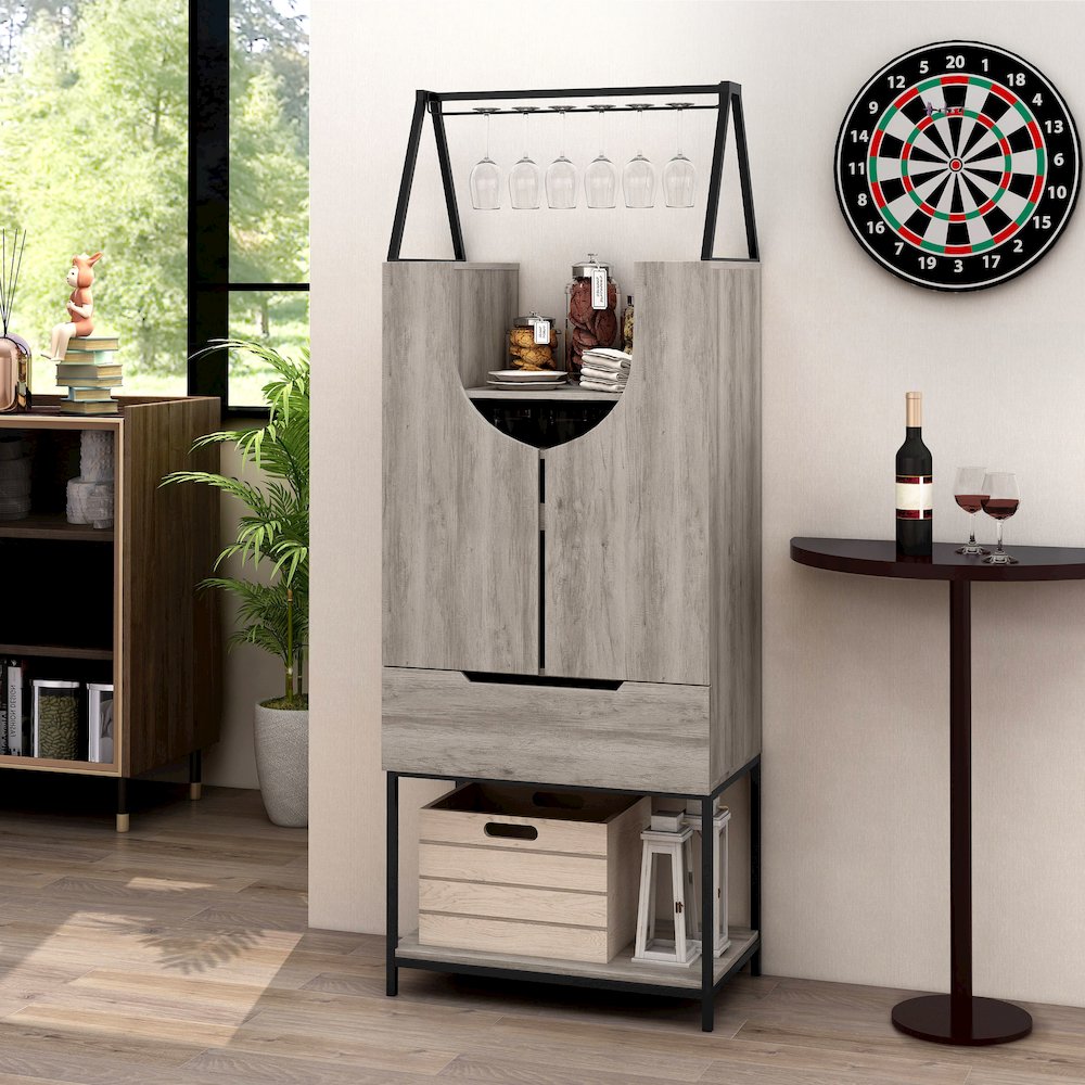 Robble Industrial Wood Wine Cabinet in Vintage Gray Oak. Picture 4