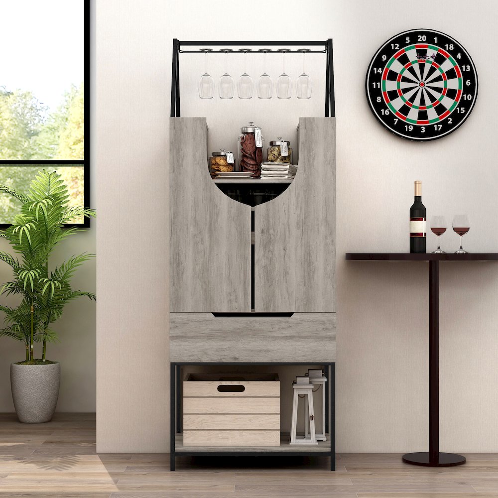 Robble Industrial Wood Wine Cabinet in Vintage Gray Oak. Picture 5