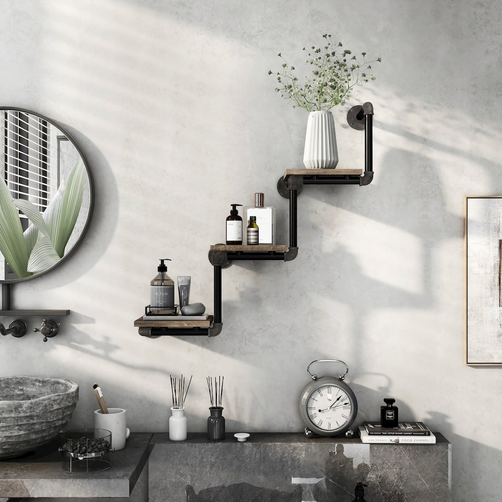 Exceltier 3-Shelf Wood Floating Wall Shelf, Reclaimed Oak. Picture 4