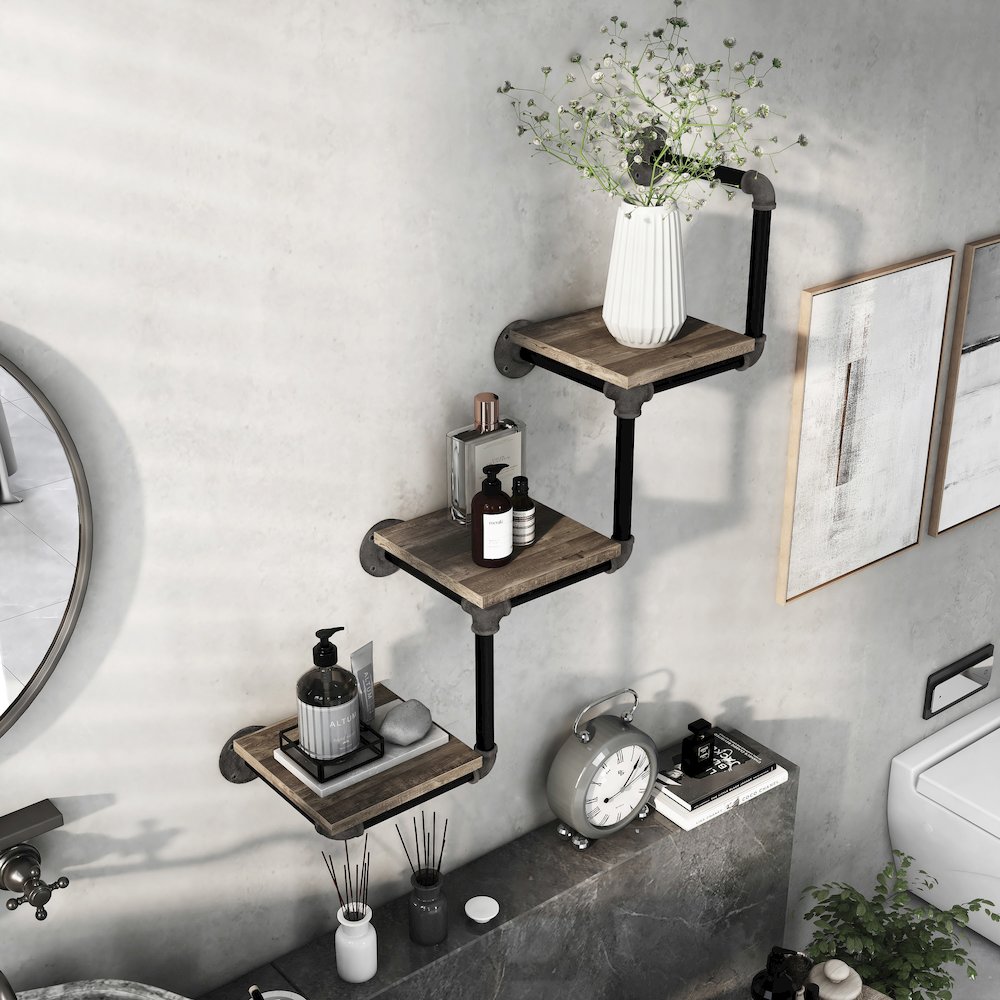 Exceltier 3-Shelf Wood Floating Wall Shelf, Reclaimed Oak. Picture 5