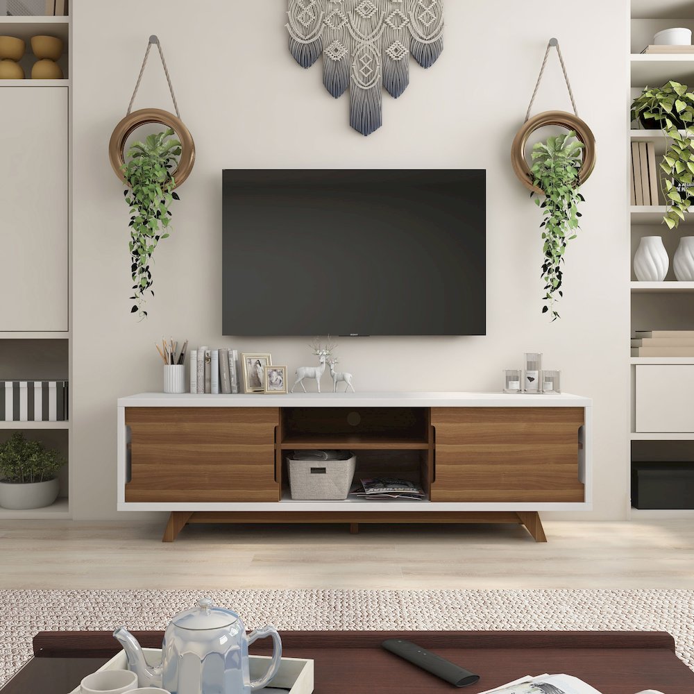 Neva 6-Shelf Wood 63" TV Stand with Sliding Door, White. Picture 3