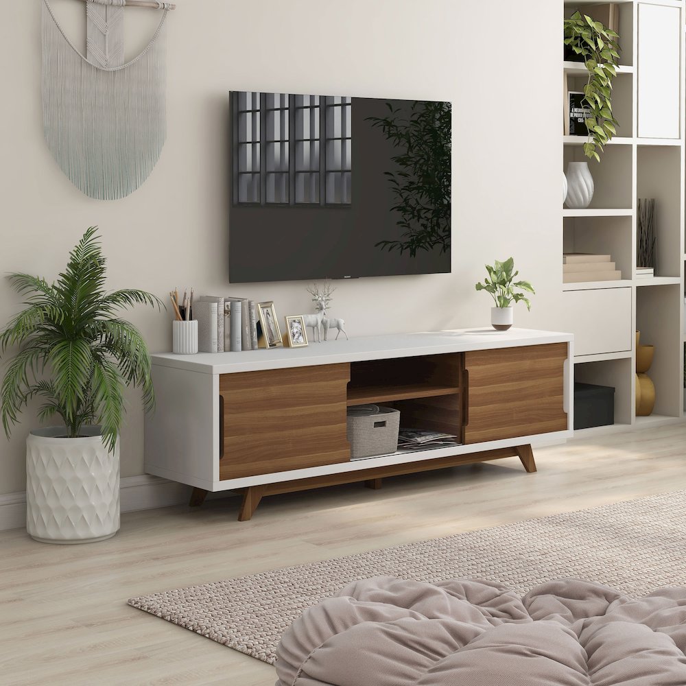 Neva 6-Shelf Wood 63" TV Stand with Sliding Door, White. Picture 4