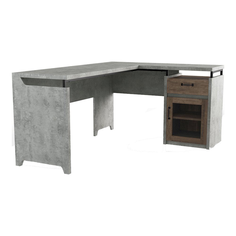 Deandre 1-Drawer and 2-Shelf Wood L-Shaped Desk in Cement