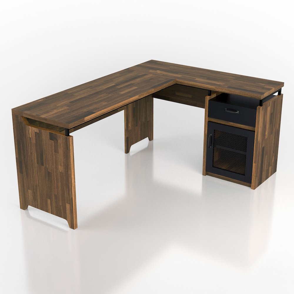 Darande L-Shape Light Hickory Composite 1-Drawer Writing Desk with Storage. Picture 1