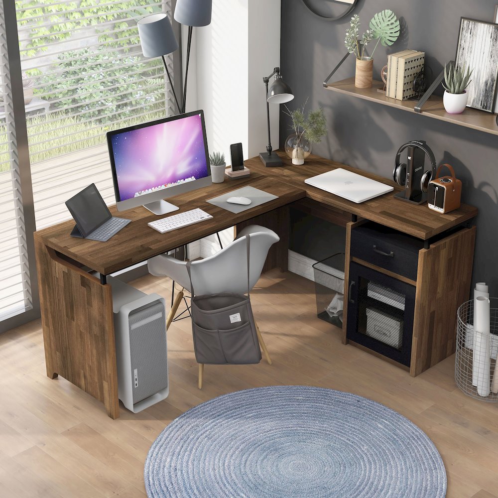 Darande L-Shape Light Hickory Composite 1-Drawer Writing Desk with Storage. Picture 4