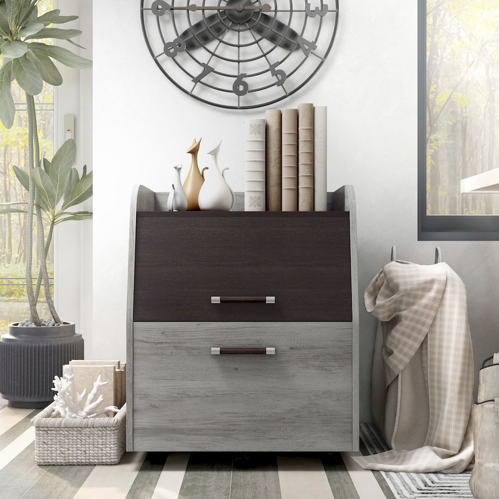 Anneta 1-Drawer and 1-Shelf Wood File Cabinet with Caster, Vintage Gray Oak. Picture 5